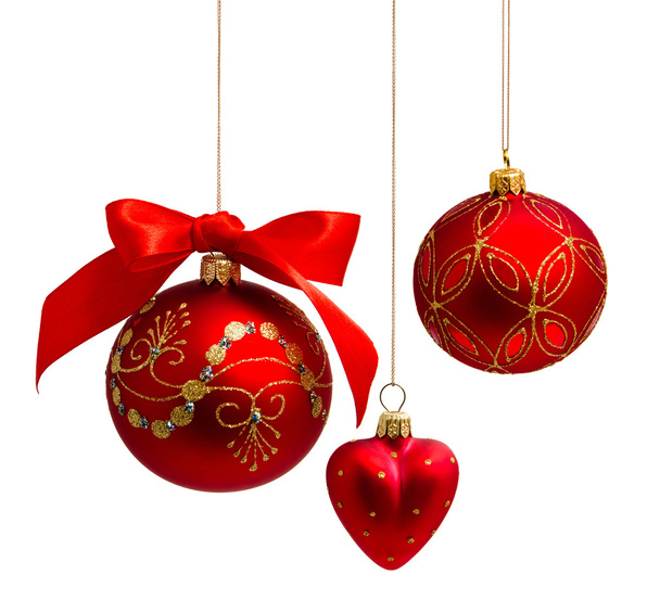 Red christmas balls with ribbon isolated on a white - Foto, Imagem