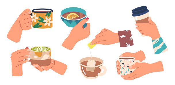 Set van menselijke handen Holding Cups met warme of koude verfrissende dranken Bubble thee, koffie, soda, sap, cappuccino dranken - Vector, afbeelding