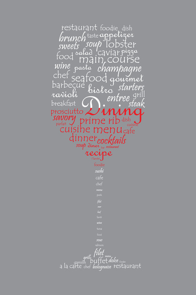 Концепція їжі та їдальні на скляній склянці у формі слова колаж
 - Вектор, зображення