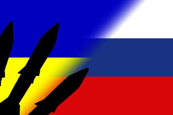 Ucrânia Rússia. Armas nucleares. Bandeira da Rússia e bandeira ucraniana com símbolo de armas nucleares com silhueta de mísseis. Ilustração da bandeira da Rússia e da Ucrânia. Design abstrato. Ilustração. Mapa. - Foto, Imagem