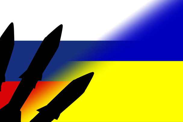 Ucrânia Rússia. Armas nucleares. Bandeira da Rússia e bandeira ucraniana com símbolo de armas nucleares com silhueta de mísseis. Ilustração da bandeira da Rússia e da Ucrânia. Design abstrato. Ilustração. Mapa. - Foto, Imagem