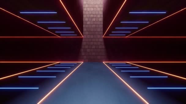Dark brick room with neon lines, 3d rendering. - Footage, Video