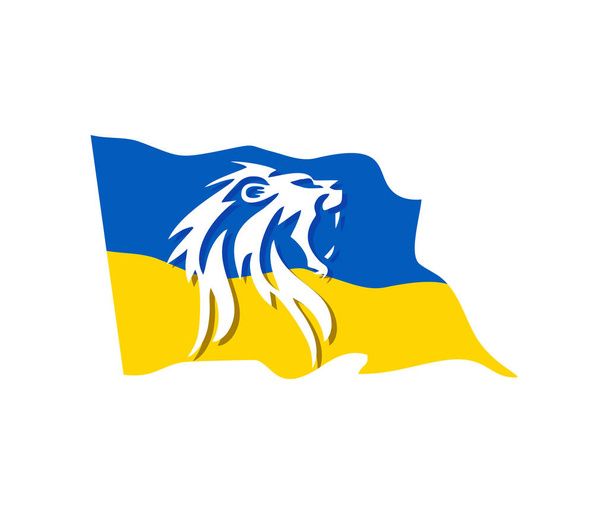  Oroszlán Üvölt állva ukrajnai zászlóval - Vektor, kép