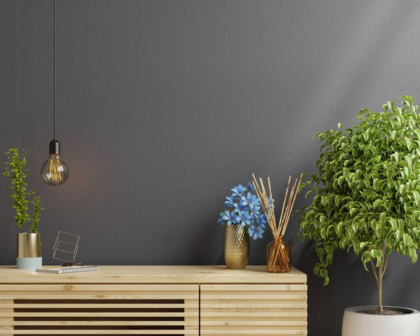 Ξύλινο ντουλάπι mockup σε μοντέρνο άδειο δωμάτιο, σκούρο τοίχο.3d απόδοση - Φωτογραφία, εικόνα