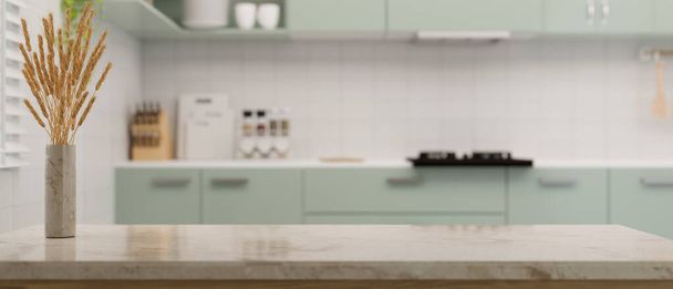 Elegancia isla de cocina de mármol o encimera de cocina con jarrón mínimo y espacio de copia para la exhibición de su producto contra el espacio de cocina moderna borrosa en el fondo. representación 3d, ilustración 3d - Foto, Imagen