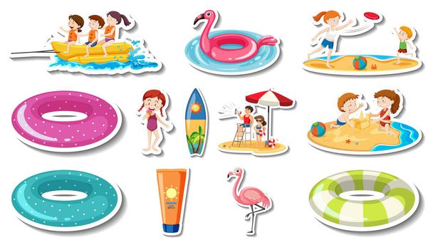 Zestaw letnich przedmiotów plażowych i ilustracji dla dzieci - Wektor, obraz