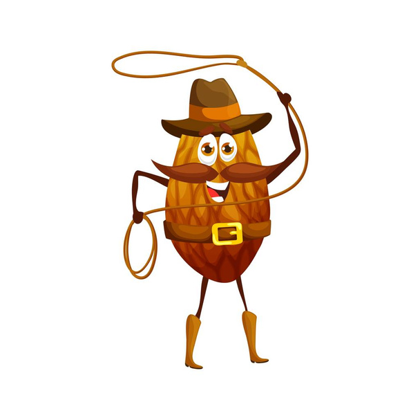 Kementle çizilmiş bademli kovboy karakteri. Vektör süvari tohum soyulmuş şapka, kemer ve botlar. Cesur korucu ipli komik buğday, izole edilmiş fantezi şahsiyet, sağlıklı yiyecek, vitamin - Vektör, Görsel