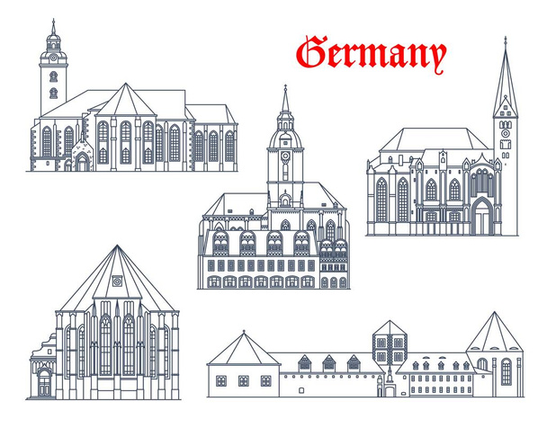 アウクスブルク、トルガウ、モルティスブルク、ナウムブルクのドイツの建物、ベクトル建築。聖マリア教会マリエンキルシュ、アウグスブルガー・ドム大聖堂と聖ヴェンゼル・シュタットキルシュのドイツのランドマーク的な建物 - ベクター画像