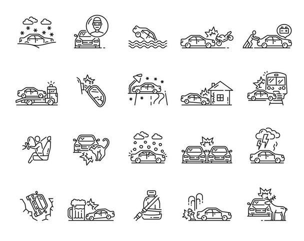 Car crash line icons of accident, damage, collision, failure, obstacle and disaster vector signs. Auto insurance isolated symbols with road traffic vehicle, broken automobiles and motorcycle - Vector, Image