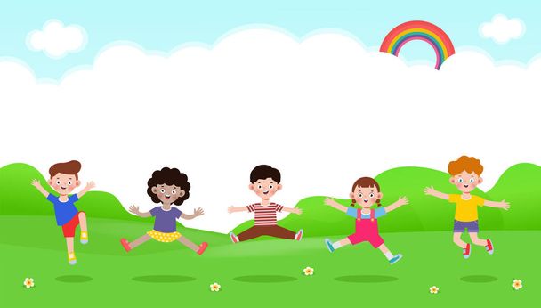 Щасливі діти стрибають і танцюють разом в парку, дитячі заходи, діти грають на ігровому майданчику, шаблон для рекламної брошури, ваш текст, плоский смішний мультфільм ізольований Векторні ілюстрації
 - Вектор, зображення