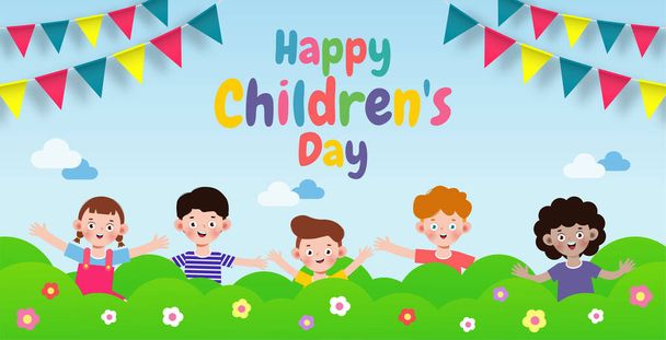 Happy children's day banner Template background, kids jumping and dancing and playing together, advertising brochure, your text, flat Funny cartoon isolated vector Illustration - Vector, Image