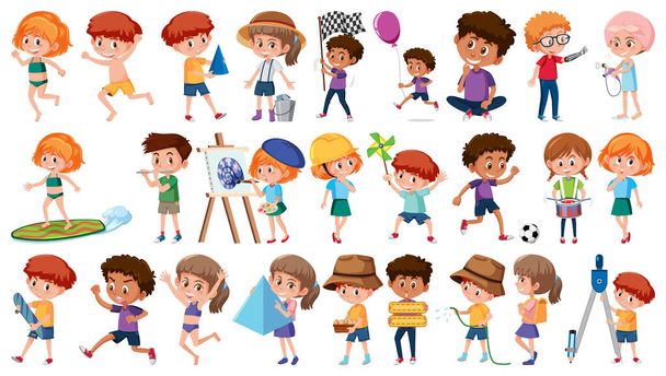 Σύνολο παιδιών που κάνουν διαφορετικές δραστηριότητες σε λευκό φόντο εικονογράφηση - Διάνυσμα, εικόνα