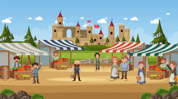 Medieval town scene in cartoon style illustration - Vector, Image