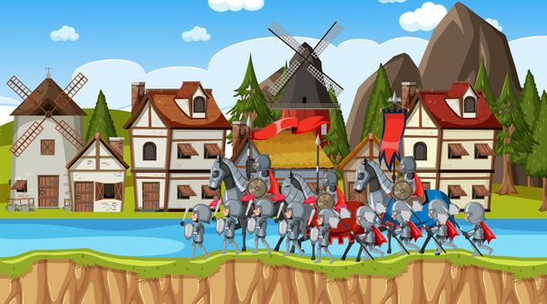 Scena medievale della città con illustrazione degli abitanti del villaggio - Vettoriali, immagini
