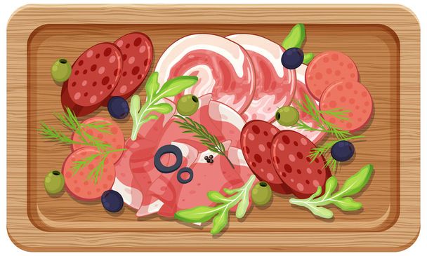 Top view of lunch meat on a wooden tray illustration - Vector, Image