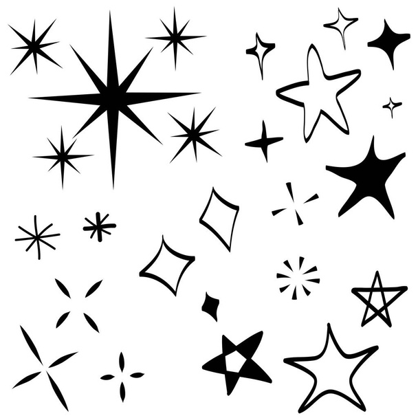 Vektör yıldızlarının karalama kümesi parlak simge, temiz yüzey simgesi. Parlayan ışık efektleri ve parlayan patlamalar. Beyaz arka planda izole edilmiş. vektör illüstrasyonu - Vektör, Görsel