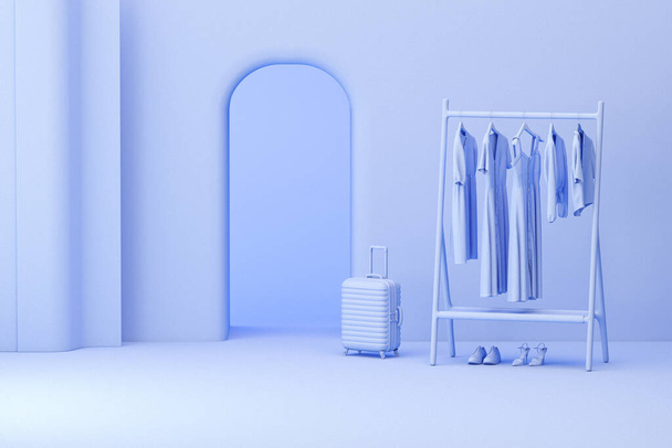 Δημιουργική εσωτερική διακόσμηση σε μπλε στούντιο με γλάστρα και πολυθρόνα. Πολύ peri χρώμα φόντο. 3D απόδοση για web page, παρουσίαση ή κορνίζα, nordic style - Φωτογραφία, εικόνα