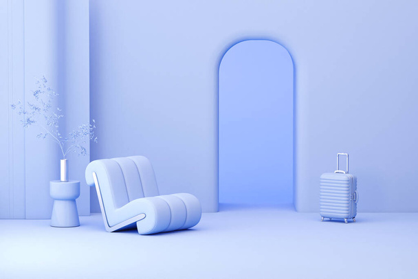 Креативный дизайн интерьера в синей студии с горшком для растений и креслом. Очень окрашенный фон. 3D рендеринг для веб-страницы, презентации или рамы, скандинавский стиль - Фото, изображение