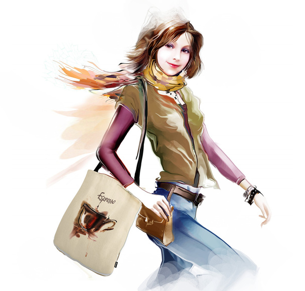Brunette woman holding bag - Фото, изображение
