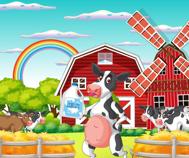 幸せな動物のイラストと屋外牛の農場のシーン - ベクター画像
