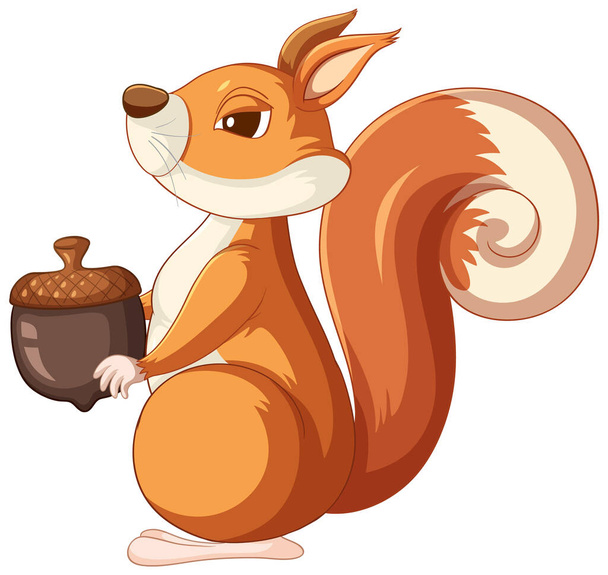 Cute cartoon squirrel holding acorn on white background illustration - Vector, Image