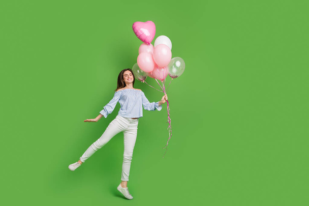 Full size photo of charming good mood lady celebrate her birthday party occasion isolated on green color background - Фото, зображення
