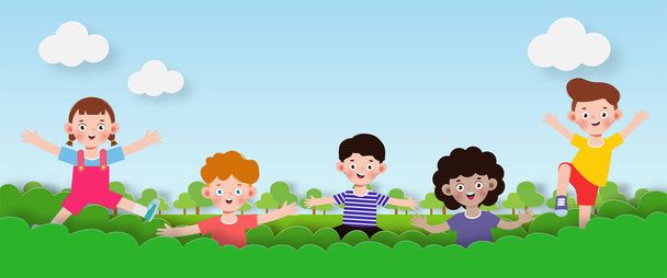 幸せな子供たちは、紙のカットスタイルで茂みの後ろに立って、幸せな子供の日と水平バナーテンプレートの背景、広告パンフレット、あなたのテキスト、面白い漫画孤立ベクトルイラスト - ベクター画像