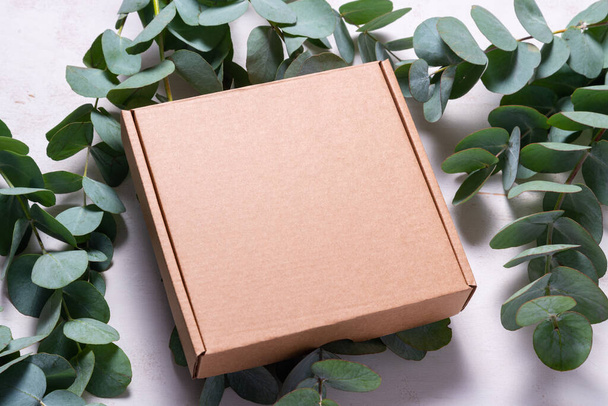 Brown cardboard carton box decorated with Eucalyptus green branc - Fotografie, Obrázek