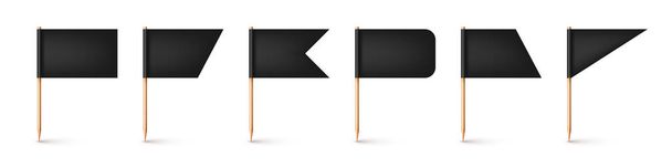Banderas realistas de varios palillos de dientes. Palillos de madera con bandera de papel negro. Marca de ubicación, puntero de mapa. maqueta en blanco para publicidad y promociones. Ilustración vectorial - Vector, imagen