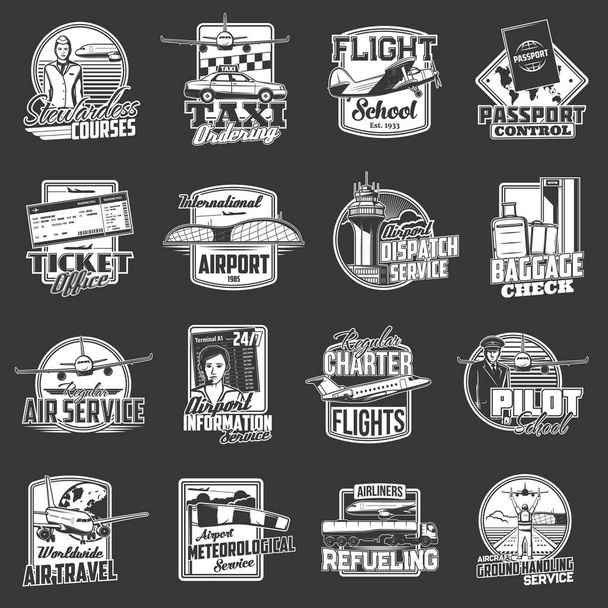 Airport and aviation vector icons. Regular flights and stewardess courses, pilot school, airplane travel. Meteorological and passport control, taxi airlines service, baggage check, ground handling set - Vector, Image