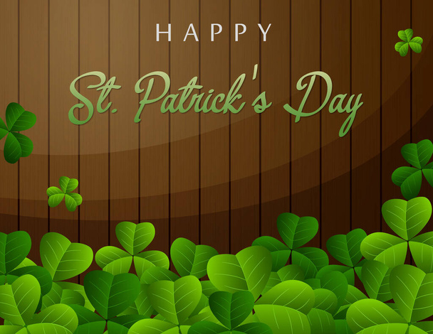 Happy Saint Patrick's Day greeting poster with green leaves and wooden fence - ベクター画像
