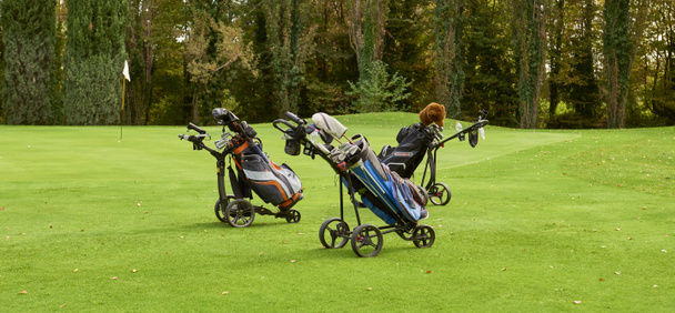 Chariot de golf avec sac et clubs de golf dans le fairway d'un terrain de golf, garé au bord du vert. En arrière-plan le vert avec le drapeau. - Photo, image