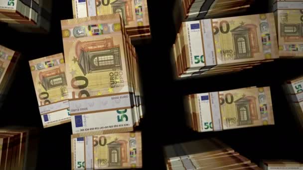 Euro money packs lus. 3D-vlucht meer dan 50 EUR bankbiljetten stapelt torens. Naadloze animatie. Abstract achtergrondconcept van het bedrijfsleven, inflatie, economische crisis, recessie, schuld, financiën in de EU. - Video