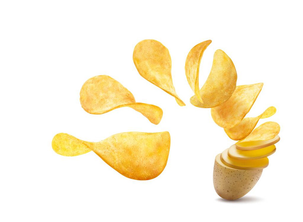Realistyczny ziemniak zamieniający się w chrupiące chipsy, latające przekąski, wektor. Izolowane tornado fala wir latające chipsy ziemniaczane z opakowania, reklama przystawek - Wektor, obraz
