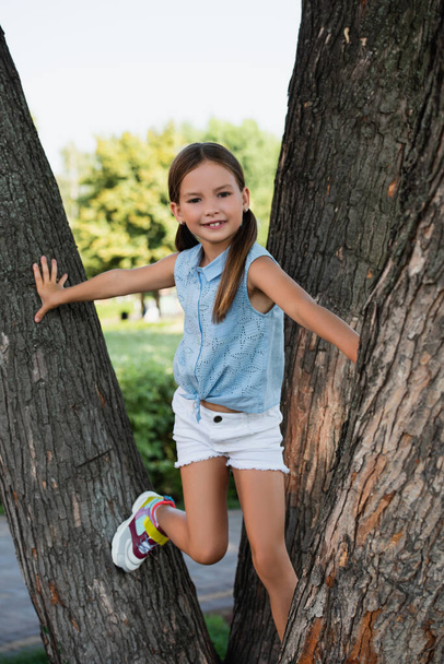 gelukkig meisje kijken naar camera van boom stammen in park - Foto, afbeelding