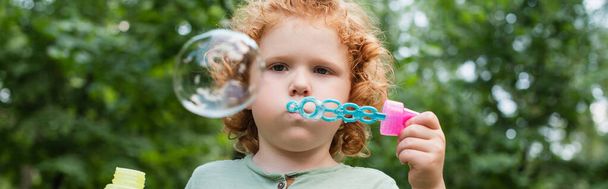 curly child blowing soap bubble outdoors, banner - Photo, Image