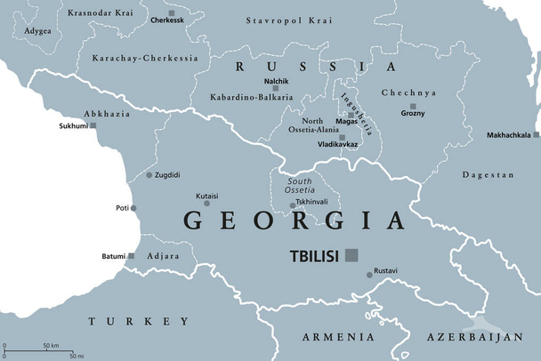 Georgia, gray political map, with capital Tbilisi, and international borders. Republic and transcontinental country in Eurasia, located south of North Caucasus Federal District of Russia. Illustration - Vector, Image