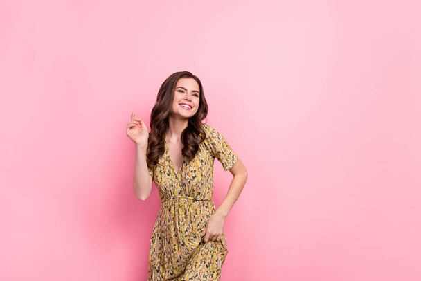 Portrait of excited cheerful girl spend pastime partying have fun isolated on pink color background - Φωτογραφία, εικόνα