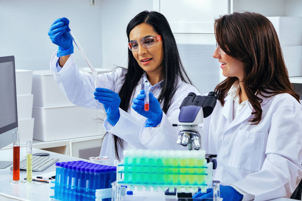 Twee mooie jonge vrouwelijke wetenschappers werken in het laboratorium met reageerbuizen doen wat onderzoek  - Foto, afbeelding