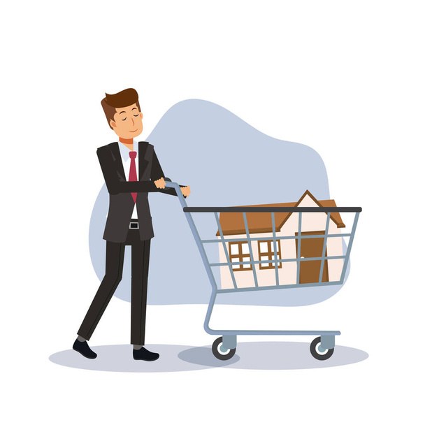 House for Sale,Purchase Real Estate,Buy House concept. man Buying house in Shopping Cart.Flat vector cartoon character illustration - Vector, Image