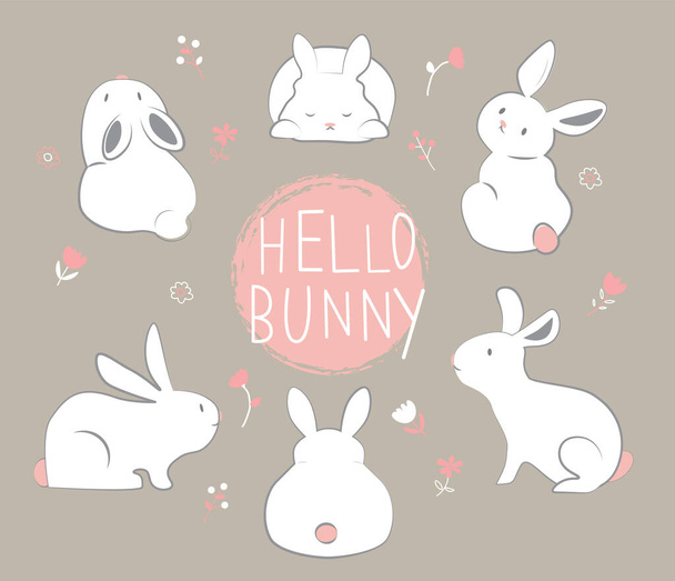 Cute white easter bunny rabbit and flowers set - Vector, imagen