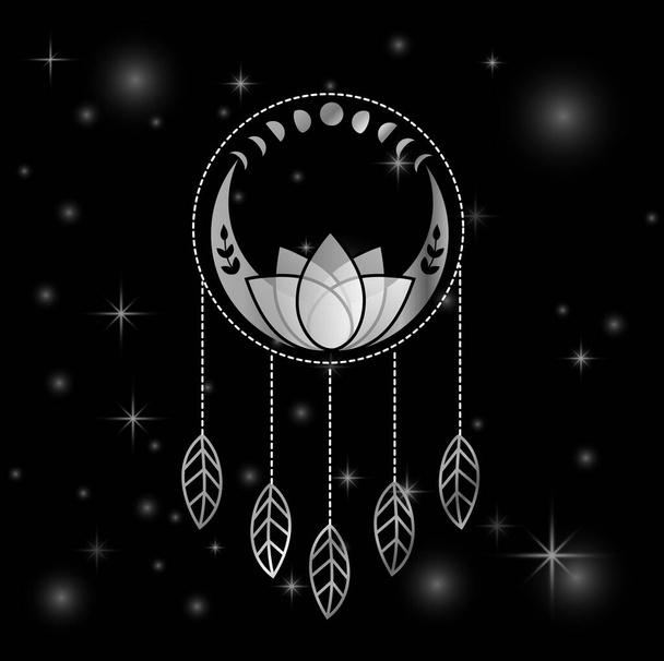 Atrapasueños de loto místico con lunas y estrellas plateadas - Vector, Imagen