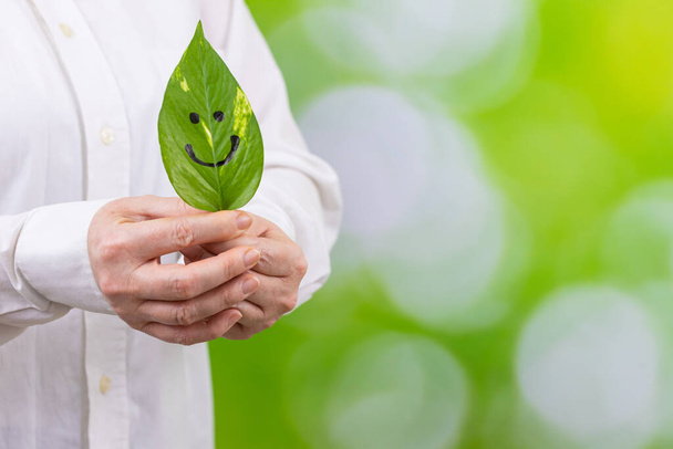 Eine Geschäftsfrau hält ein grünes Blatt mit gemaltem Lächeln in der Hand, natürlicher Hintergrund mit verschwommenem Grün im Park, kreatives Konzept, Entwicklung im Einklang mit der Natur, Work-Life-Balance - Foto, Bild