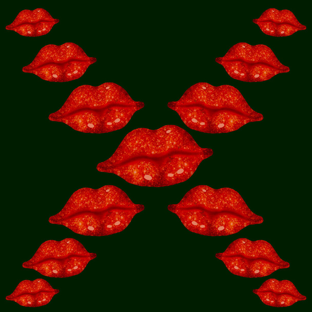 赤い唇は黒の背景に印刷シームレスなパターン。ロマンチックな背景. - 写真・画像