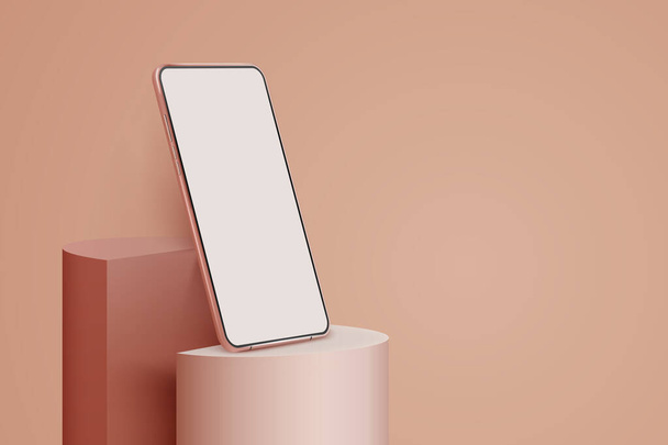 Realistic smartphone mockup on podium. 3d mobile phone with blank screen. Modern cell phone template on light background. Illustration of device 3d screen - Vektori, kuva
