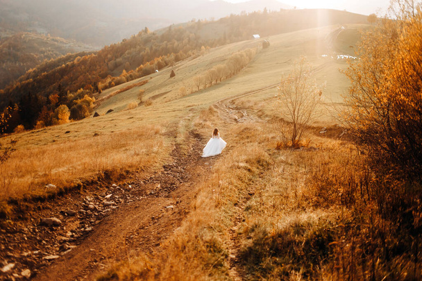 Lovely bride walking on a mountain meadow - Φωτογραφία, εικόνα