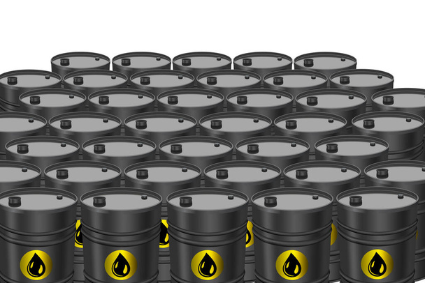 Rows with industry oil barrels or chemical drums. Oil drums waste and Chemical tank in plant. Warehouse of petroleum products.  Many black barrels. 3D image. - Vector, Image