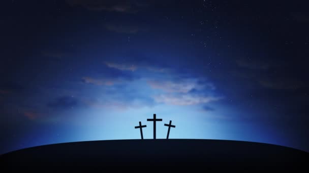 Tres cruces en la colina con nubes moviéndose sobre el cielo estrellado azul. Pascua, resurrección, nueva vida, concepto de redención. Fondo de bucle sin costura 4k - Metraje, vídeo