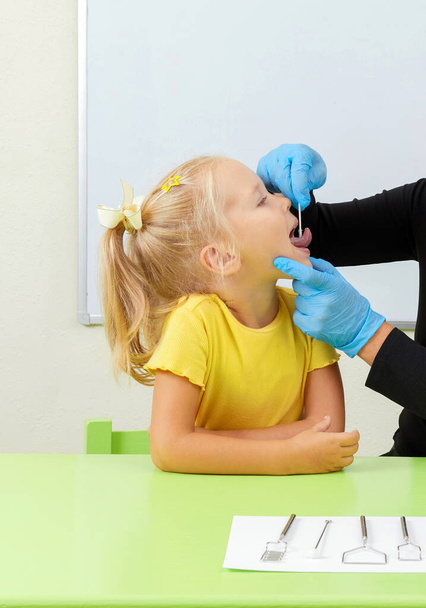 Speech therapist working with little girl in office training pronunciation - Photo, image