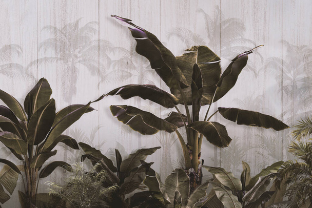 tropikalne drzewa i liście w mglistym projekcie tapety leśnej - ilustracja 3D - Zdjęcie, obraz